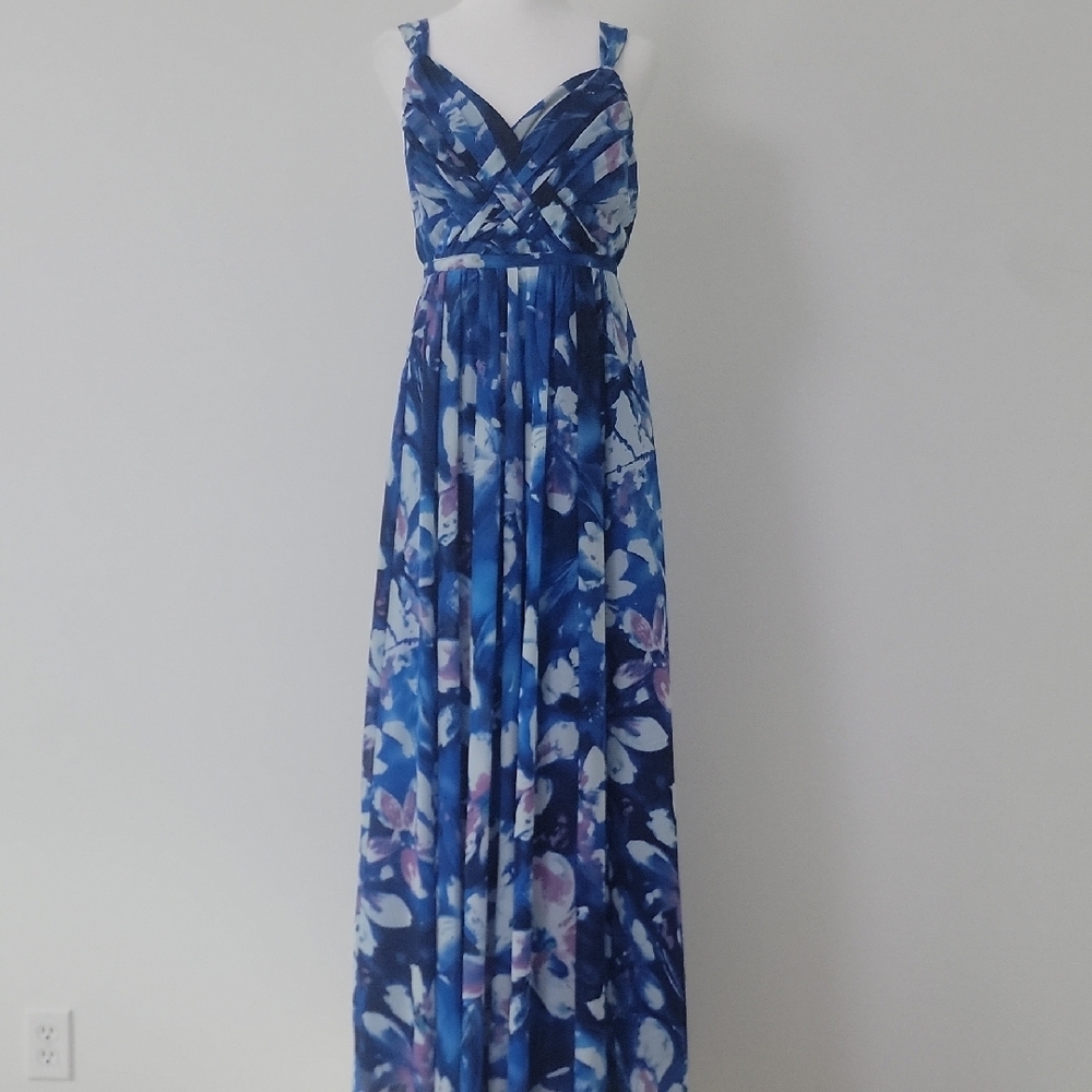 Women's Robbie Bee Royal Blue White Floral Sleeveless V-Neck Maxi Dress Size 6